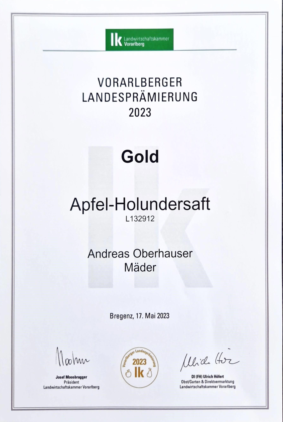 Vlbg. Landesprämierung 2023 - GOLD: Apfel-Holundersaft