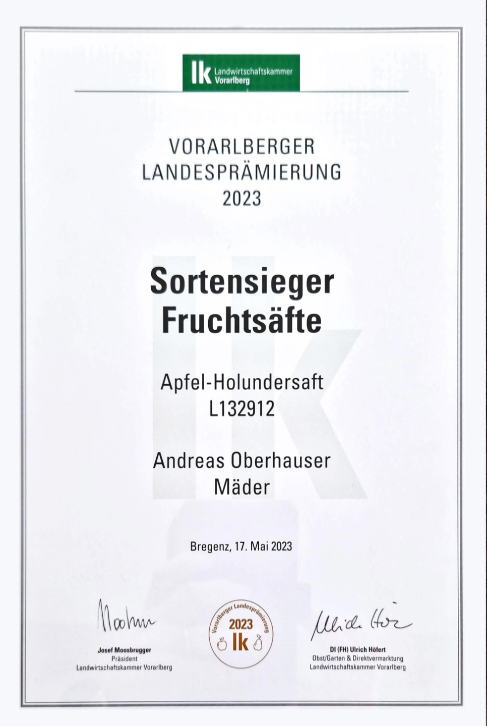 Vlbg. Landesprämierung 2023 - Sortensieger Fruchtsäfte: Apfel-Holundersaft