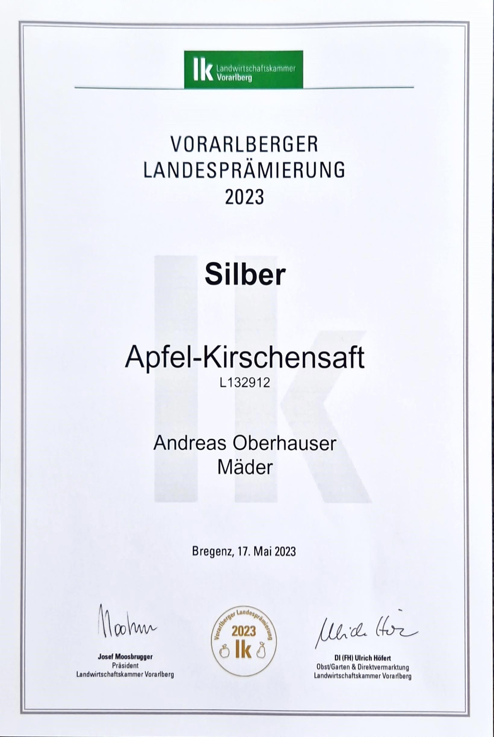 Vlbg. Landesprämierung 2023 - SILBER: Apfel-Kirschensaft