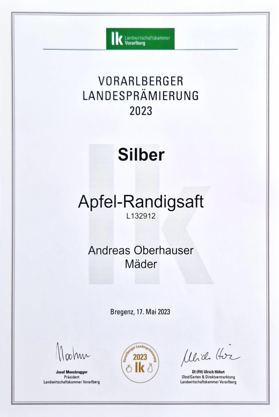 Vlbg. Landesprämierung 2023 - SILBER: Apfel-Randigsaft