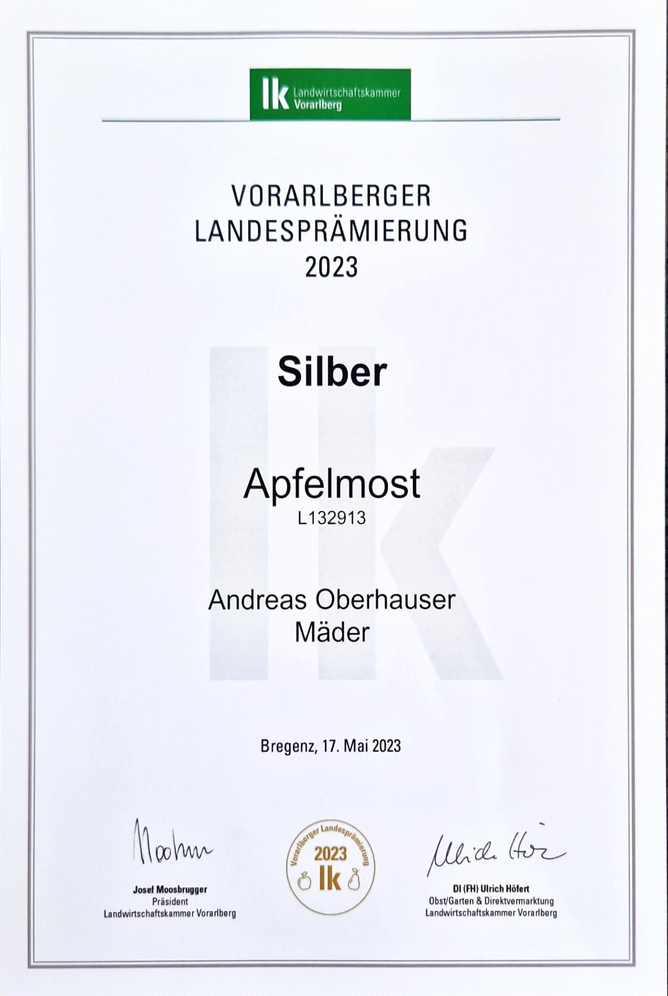 Vlbg. Landesprämierung 2023 - SILBER: Apfelmost