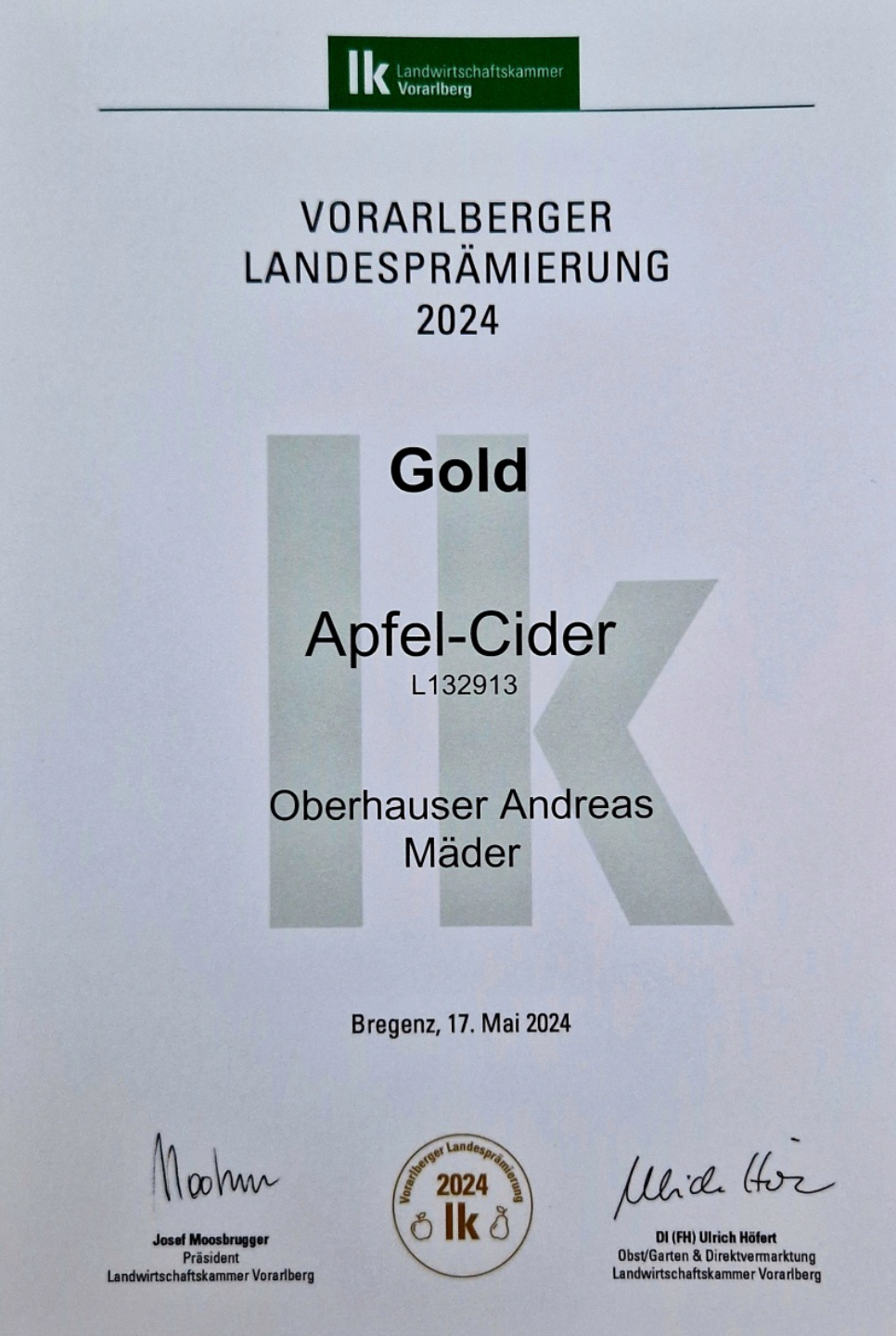 Vlbg. Landesprämierung 2024 - GOLD: Apfelcider