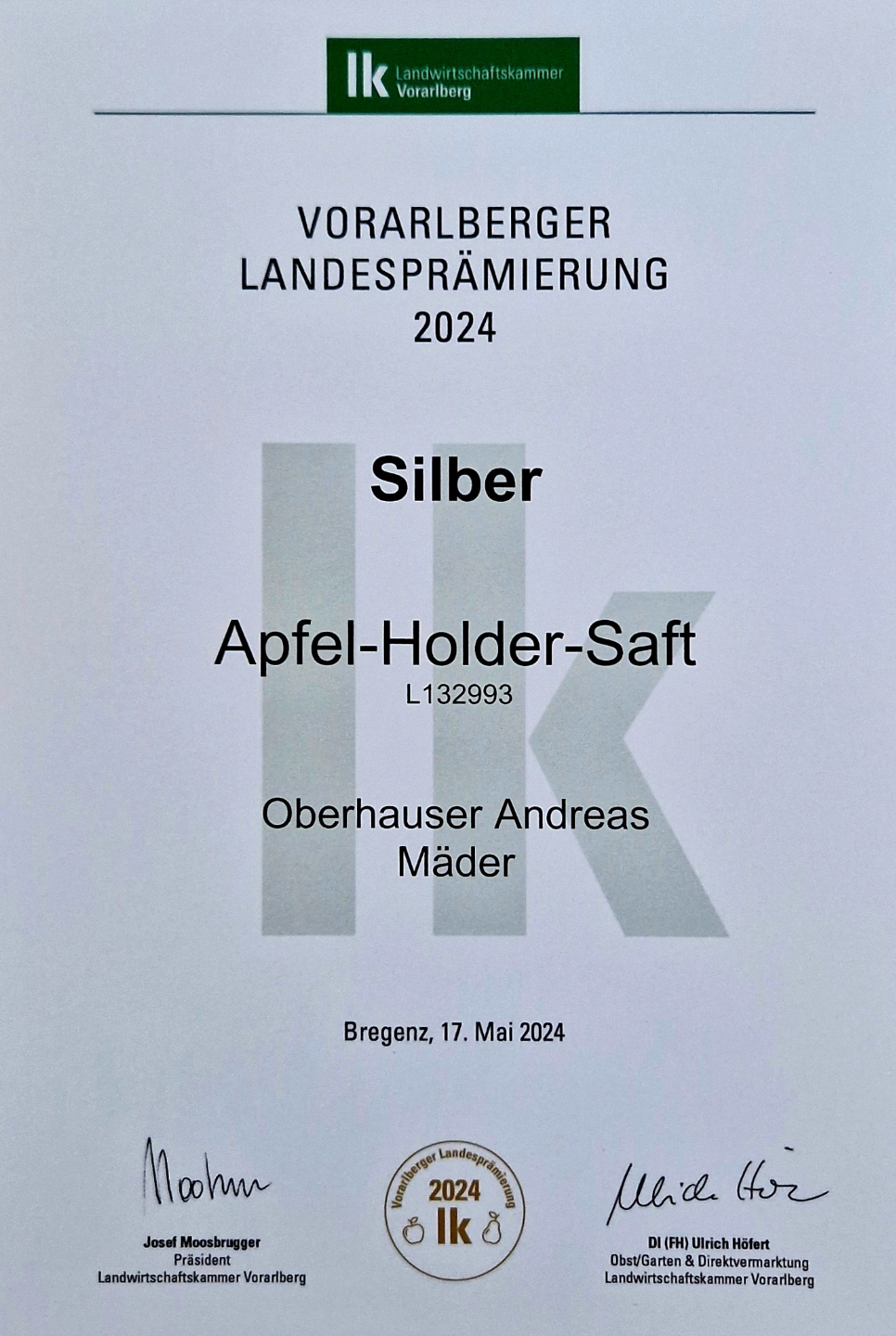 Vlbg. Landesprämierung 2024 - SILBER: Apfel-Holder-Saft