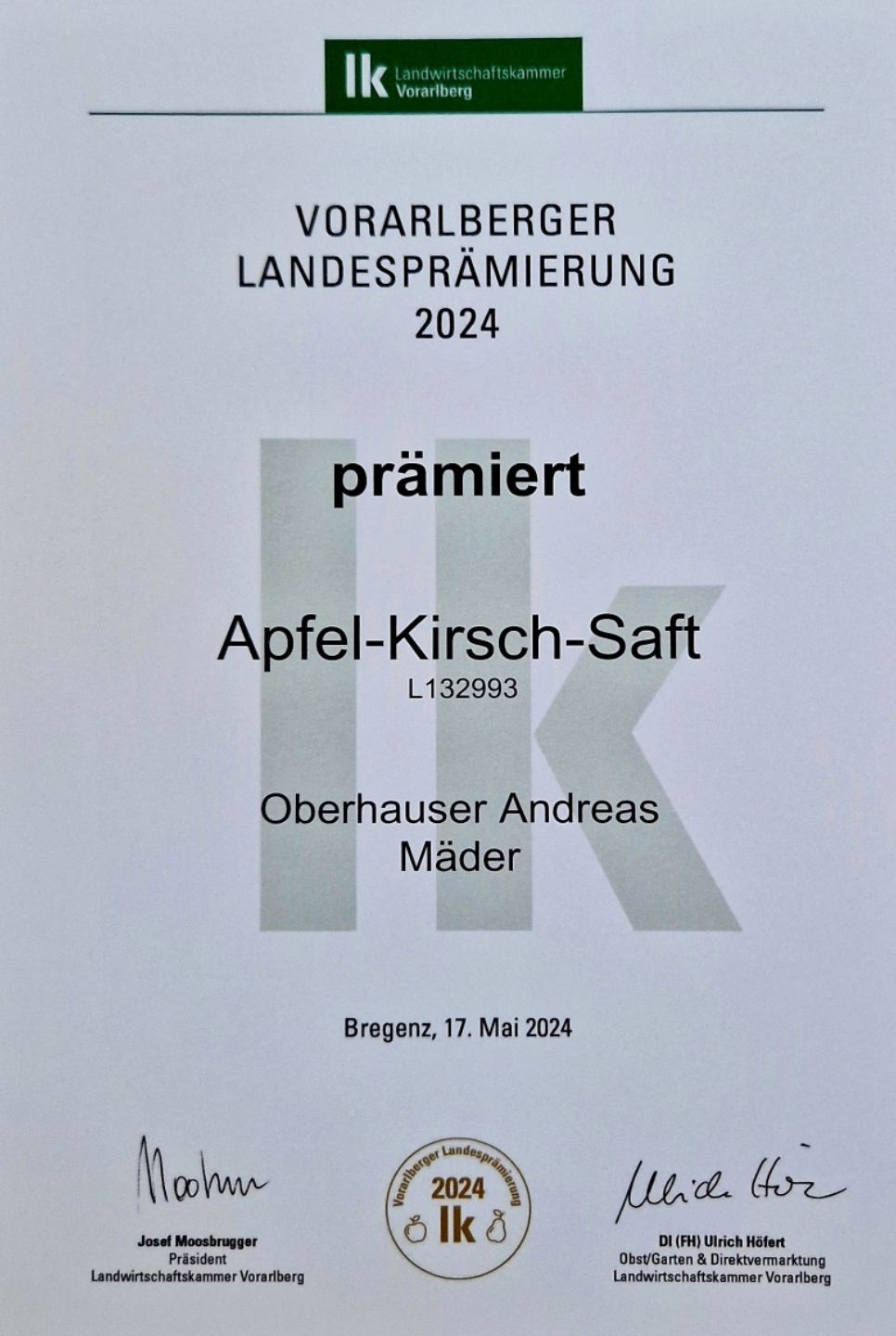 Vlbg. Landesprämierung 2024 - PRÄMIERT: Apfel-Kirsch-Saft