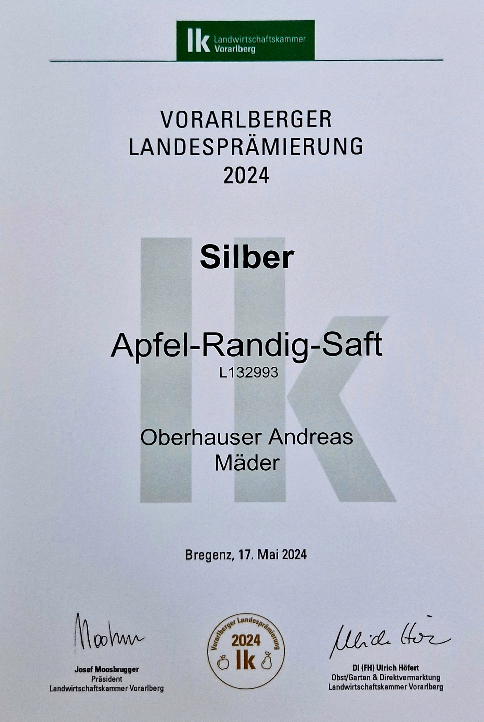 Vlbg. Landesprämierung 2024 - SILBER: Apfel-Randig-Saft