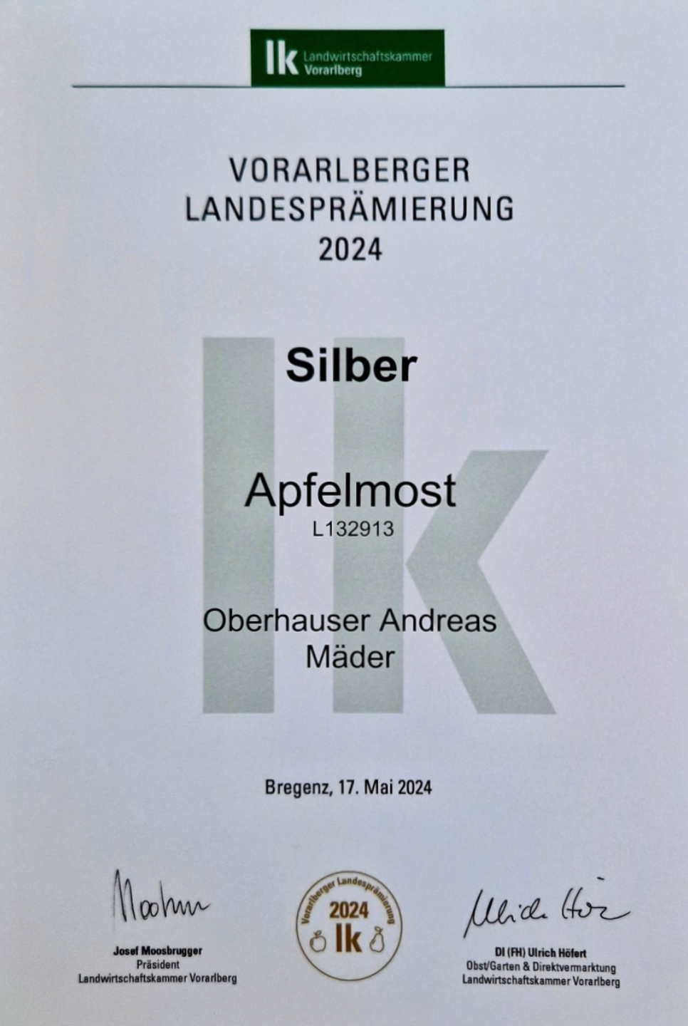 Vlbg. Landesprämierung 2024 - SILBER: Apfelmost