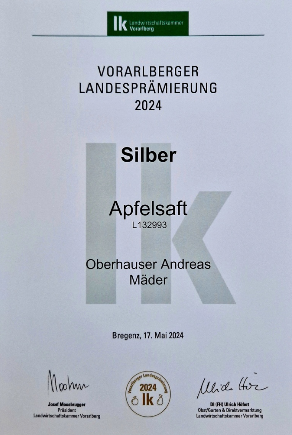 Vlbg. Landesprämierung 2024 - SILBER: Apfelsaft