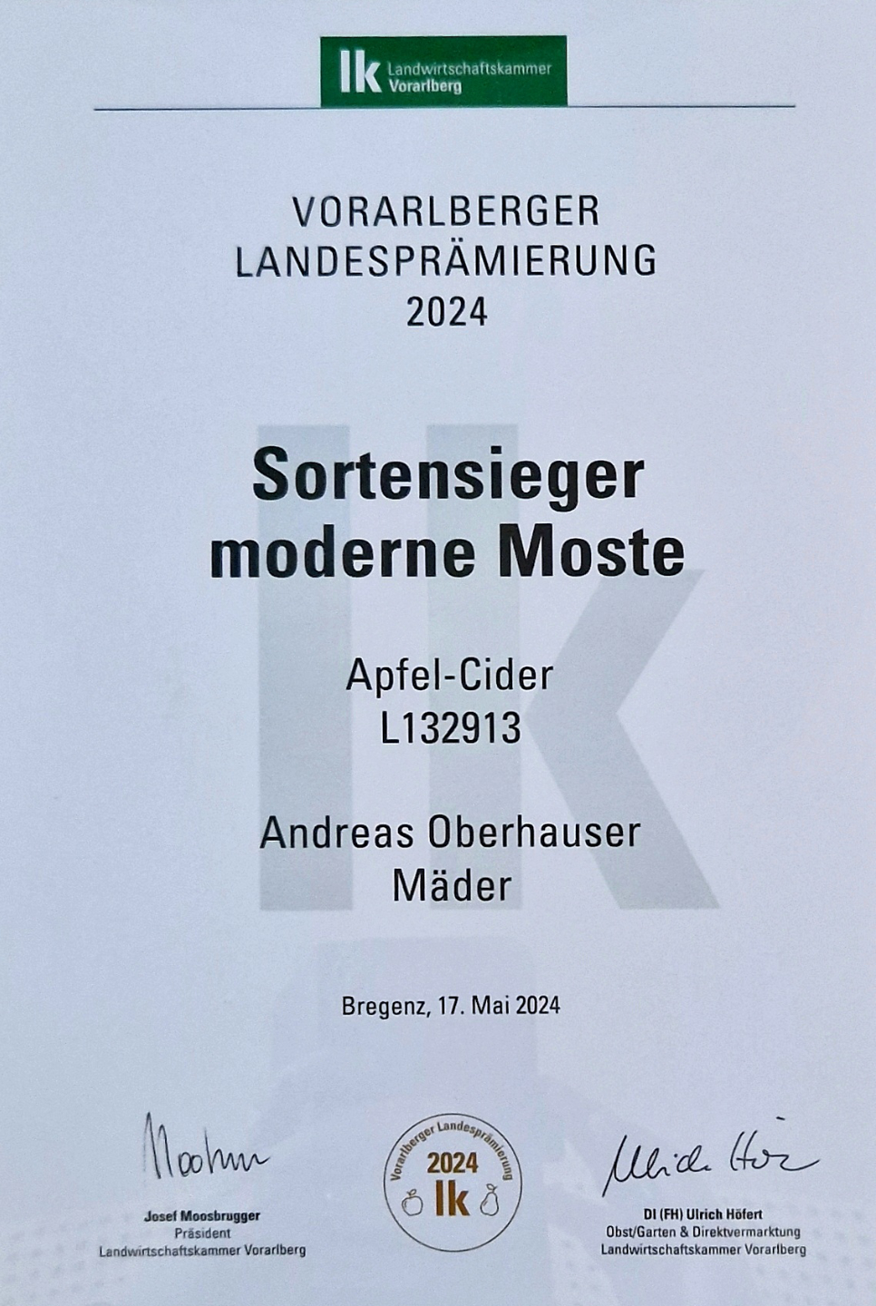 Vlbg. Landesprämierung 2024 - Sortensieger moderne Moste